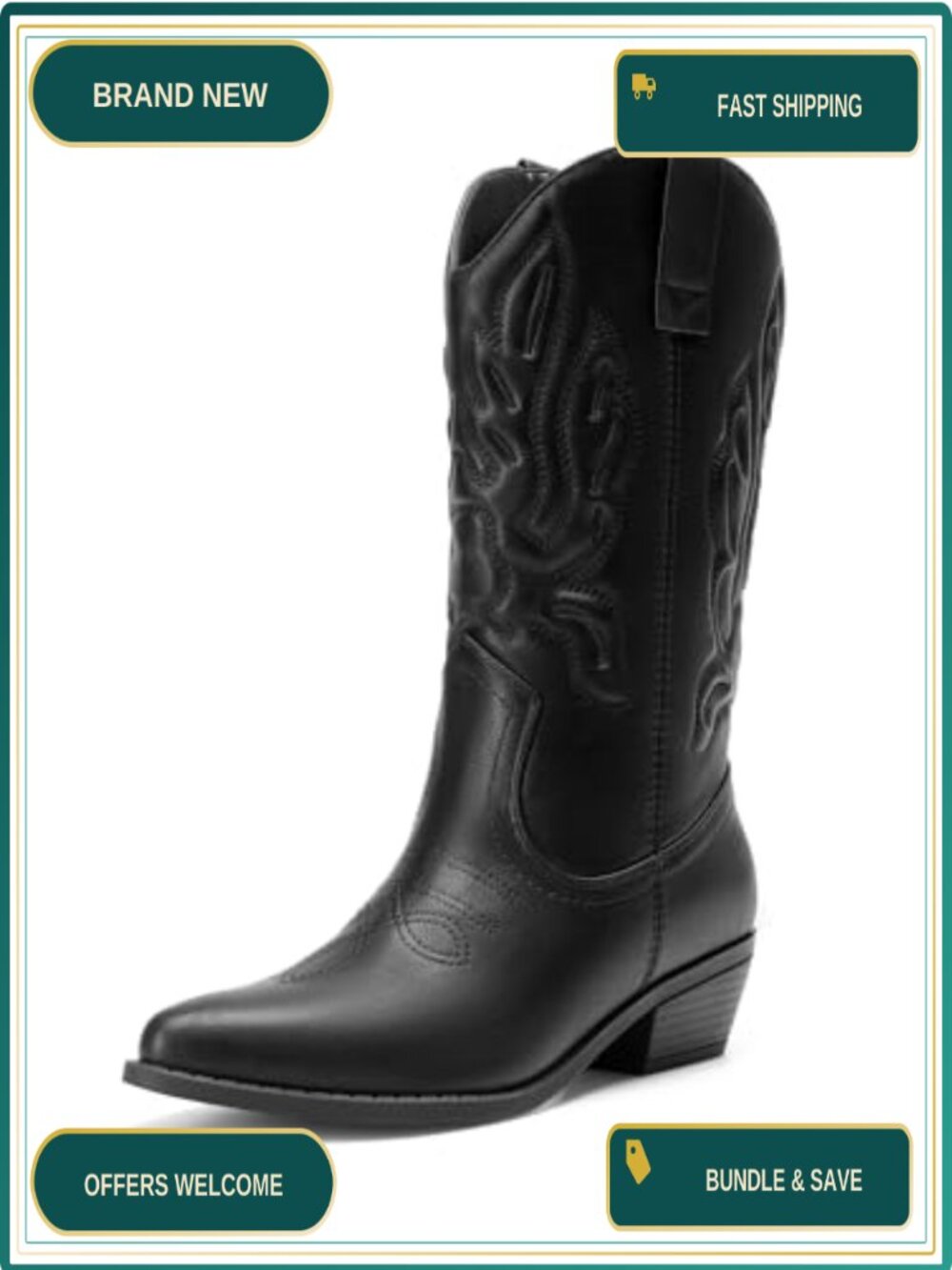 Women's Mid Calf Cowboy Boots with Embroidered Details and Pointed Toe